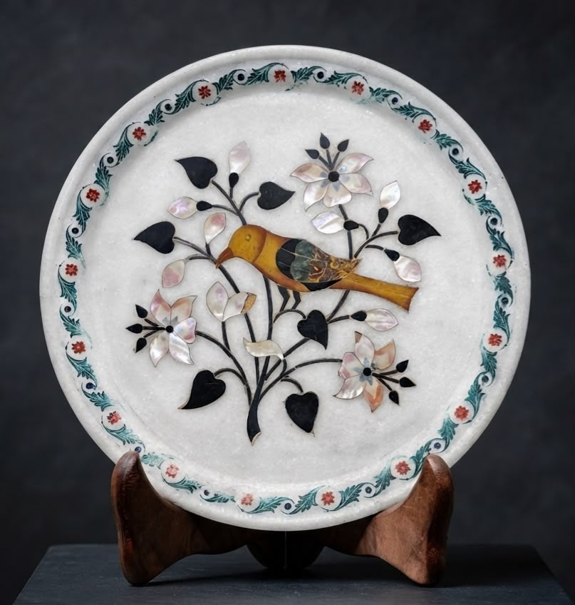 Islamic jade-stone white plate with floral & quran verse.